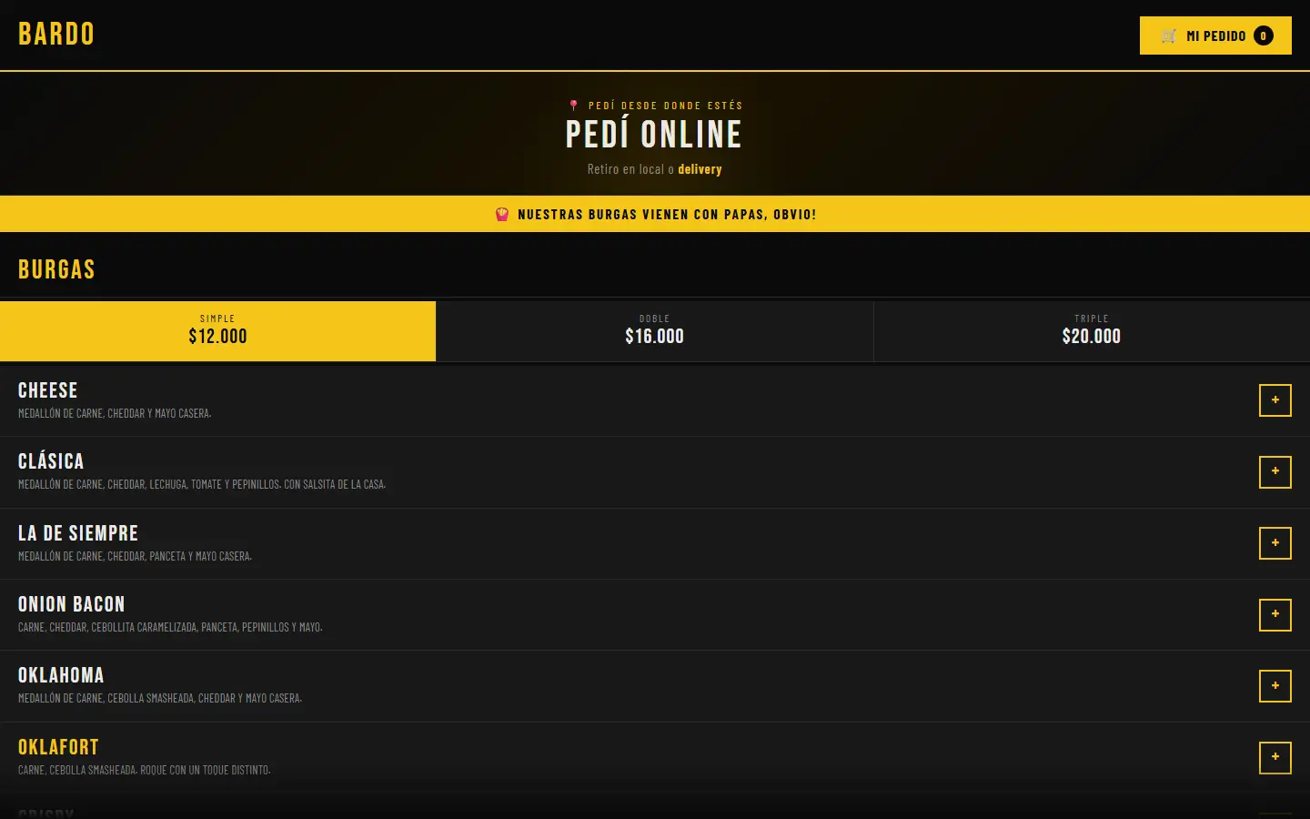 Web de Bardo Burger — menú y pedidos online, vista de escritorio
